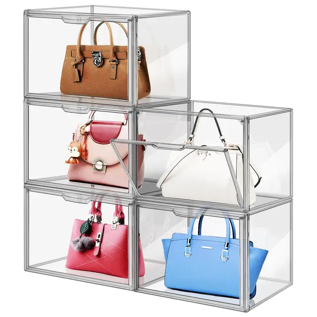 5 Packungen transparente Kunststoff-Handtaschen-Organizer für Schrank, Acryl-Vitrine für Handtasche und Geldbörse, Stapelbare Aufbewahrungsboxen, Spielzeug-Organisation und Ausstellung (XXL)