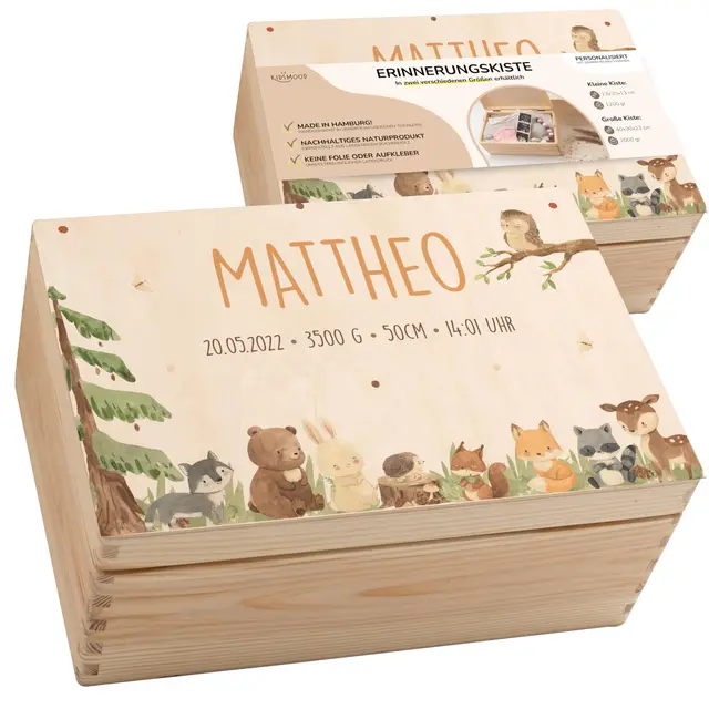 KIDSMOOD - Erinnerungsbox Baby, personalisierte Holzkiste mit Deckel, Ideal zur Aufbewahrung von Erinnerungen und als Geschenk zur Geburt, Taufe oder als Geburtstagsgeschenk für Mädchen und Jungen