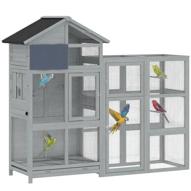 PawHut Voliere Vogelvoliere aus Holz mit Erweiterung 6 Sitzstangen 7 Türen Ablagefach Vogelkäfig mit herausziehbarer Schublade Edelstahlnäpfen Vogelhaus für Finken Wellensittiche Grau 196x60x164,5cm