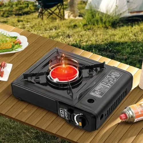 REDSUN C2 Schwarzer Outdoor-Campingkocher mit CE, tragbarer Butangasofen, neues Patent mit Anti-Großtopf-Design, 1,45 kW Heizleistung, keramischer Infrarotbrenner, flammlos mit starker Windfestigkeit.