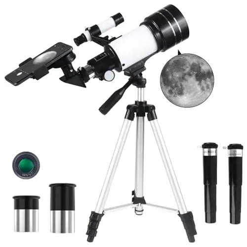 Teleskop für Kinder & Anfänger, 70mm Aperture 300mm Refraktor Teleskope Einsteiger, mit Ausziehbarem Stativ, Okulare, Sucherfernrohr, Mondfilter Astronomie Erwachsene Telescope (Weiß)