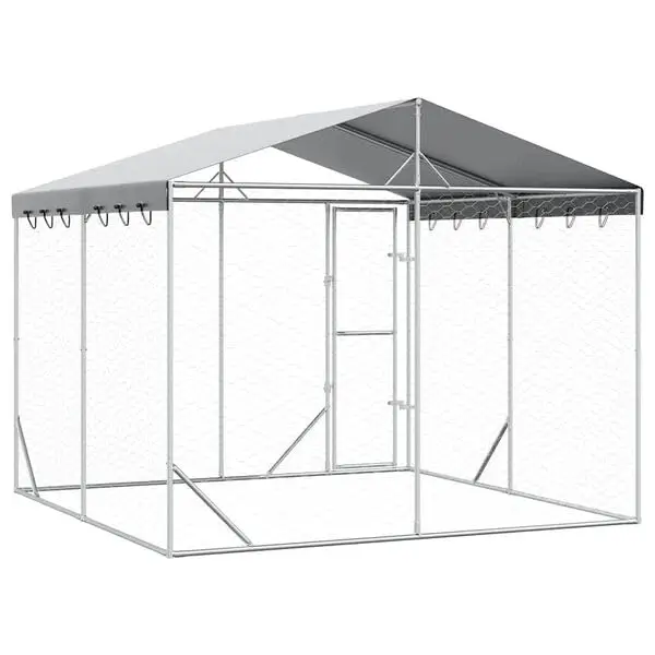 Hommdiy Hundezwinger Outdoor Große mit Dach,Hundekäfig Hundehaus für große Hunde, Hundehütte Silbern 3x3x2,5m Verzinkter Stahl