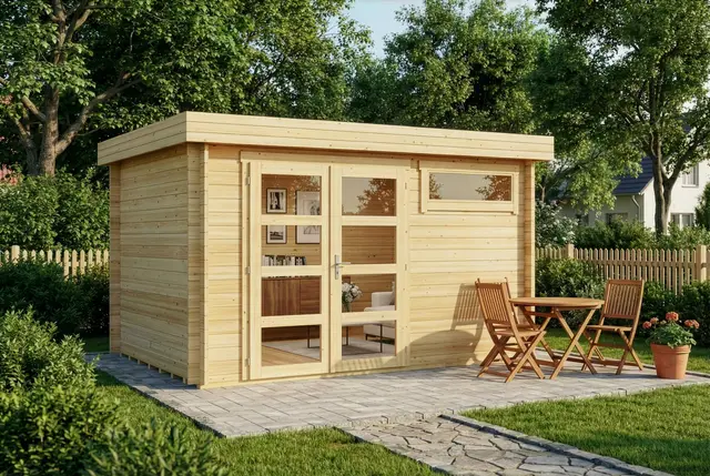 Gartenhaus Leandro mit Fußboden aus Holz, Gerätehaus 394x268cm mit 28 mm Wandstärke in Naturbelassen