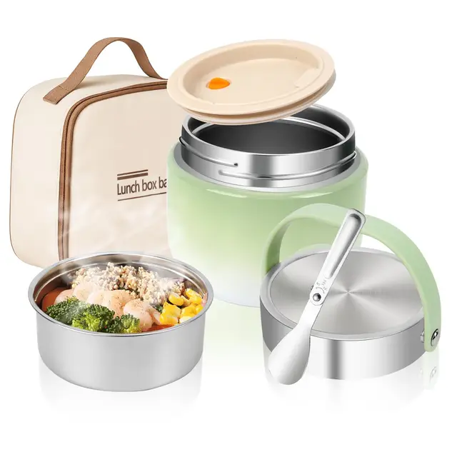 Thermobehälter für Essen 1200ml, 304 Edelstahl Wärmebehälter für Speisen, Thermos-lebensmittelbehälter, Thermoskanne Essen Auslaufsicher mit Deckel, Löffel und Thermosbeutel(grün)