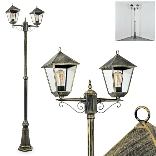 HOFSTEIN Kandelaber Anfei, Außenwegeleuchte aus Metall/Glas in Schwarz-Goldfarben/Klar, Wegeleuchte im Landhaus/Antik/Retro/Vintage-Design für Garten, Außenbereich, Hof, 240 cm, 2 x E27, IP44