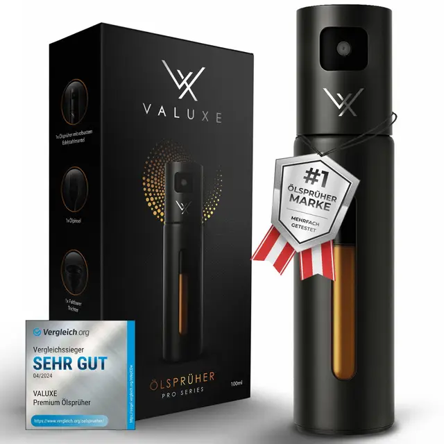 VALUXE® Ölsprüher für Speiseöl & Essig mit UV-Edelstahlmantel & Sprühfilter - Edelstahl Öl-Sprühflasche - Präziser Essig & Olivenöl Sprüher, Öl-Zerstäuber, Oil-Sprayer schwarz