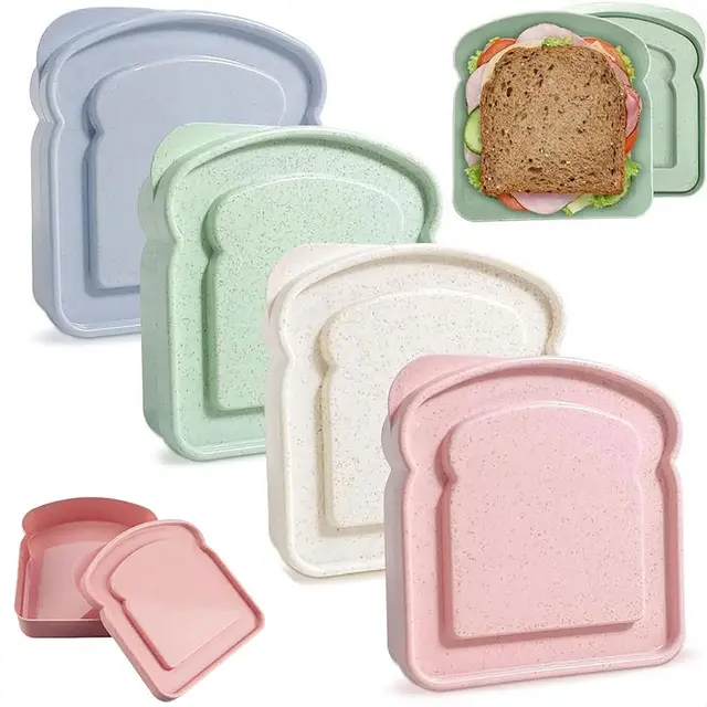 4er Pack Sandwich-Behälter Toast Form Halter Kunststoff Brot Sandwich Keeper Prep Mikrowelle Spülmaschinenfest 12,5 x 12 x 3,5 cm Rosa, Blau, Grün, Beige