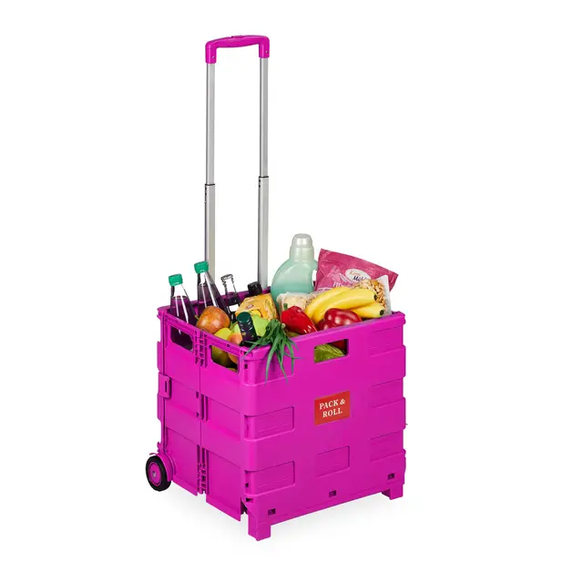 Relaxdays Einkaufstrolley, Klapptrolley mit Rollen & Teleskopgriff, bis 35 kg, Faltbare Einkaufshilfe, Rolltrolley, pink