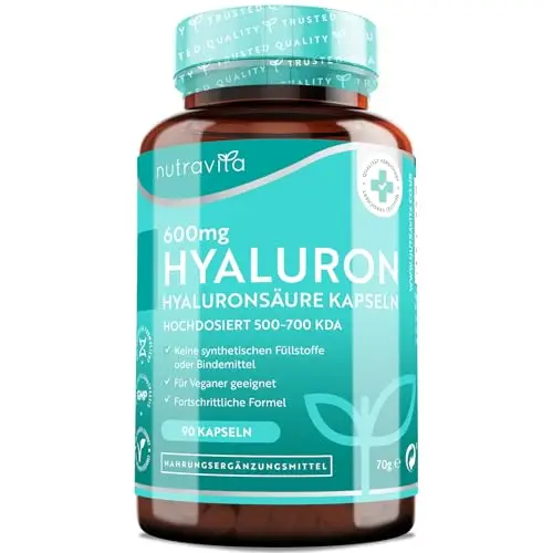 Hyaluronsäure Kapseln 600 mg – 90 vegane Hyaluron Kapseln für 3 Monate – Hochdosiert 500 – 700 kDa - mit 600mg pro Kapsel - Hyaluronic Acid für die Hydratation der Haut - Nutravita