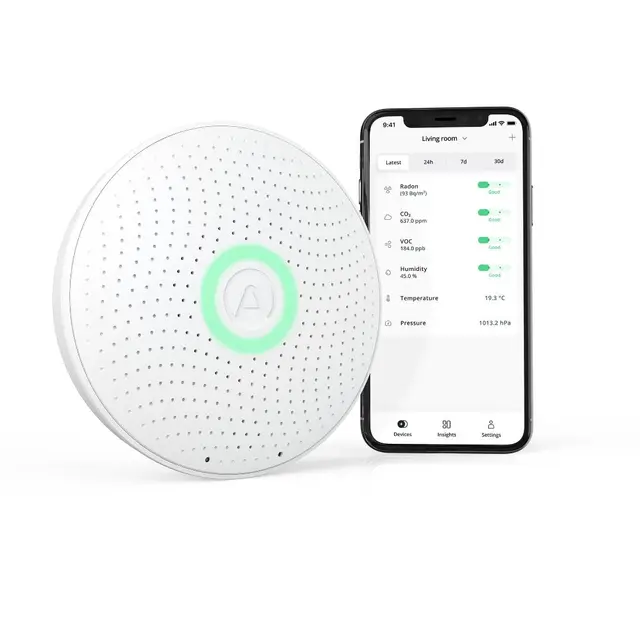 Airthings 2930 Wave Plus – Radon- und Luftqualität-Messgerät zur Überwachung von Radon, CO2-Konzentration, VOC-Konzentration, Luftdruck, Feuchtigkeit und Temperatur