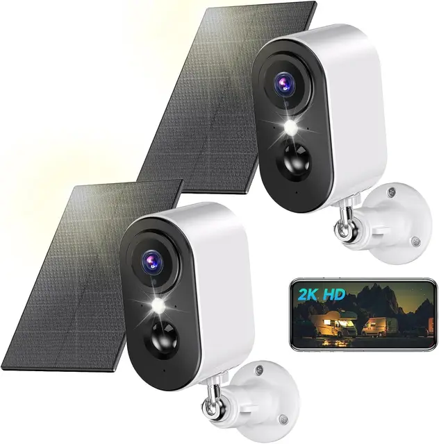 2K Überwachungskamera Aussen Akku mit Solarpanel - Kamera Überwachung Aussen WLAN mit Farbige Nachtsicht, Kameras kabellos außen/innen, PIR-Bewegungserkennung, IP66, 2,4 GHz, 2 Pack