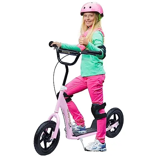HOMCOM Kinderroller Scooter Tretroller mit verstellbarem Lenker, großen Rädern und Hinterbremse Kickscooter 12 Zoll Cityroller für 5-12 Jahren Jungen und Mädchen Stahl