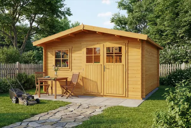 Alpholz Gartenhaus Valeria mit Fußboden aus Holz, Gerätehaus 438x427, 14,3 m², 28 mm Wandstärke, Holzhaus in Blockbohlen-Bauweise inkl. Fenster und Leimholztür Imprägnierung (Pinie)