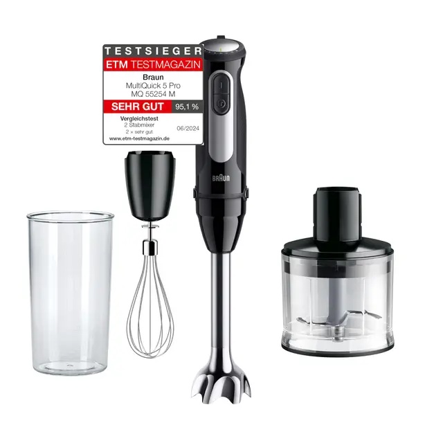 Braun MultiQuick 5 Pro MQ55236M, Stabmixer mit 25 Geschwindigkeiten, EasyClick Plus System für Zubehör, 1000W, Schwarz inkl. Schneebesen, Zerkleinerer (500 ml) & Mix- und Messbecher (600 ml)