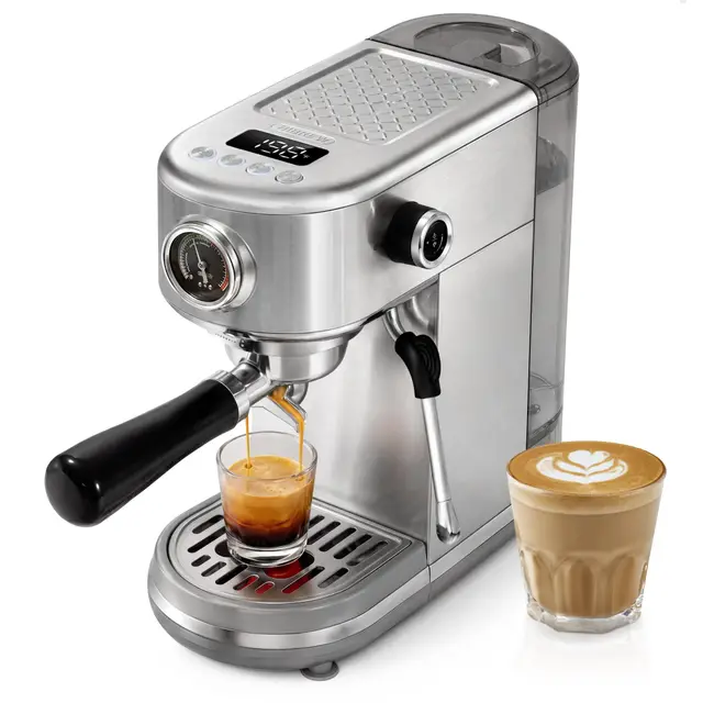 HIBREW H10B Programmierbare Espressomaschine mit LED-Display & Manometer | 20 Bar Kompakter Edelstahl-Kaffeeautomat mit Milchaufschäumer, 51mm Siebträger für Cappuccino & Latte