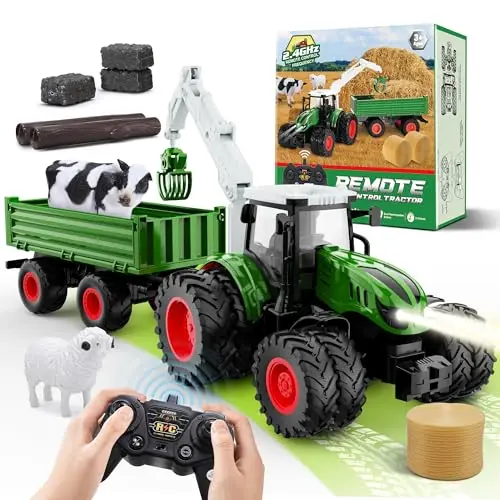 Ferngesteuerter Traktor Ferngesteuert, 2.4GHz RC Traktor Spielzeug, 1:16 Traktor mit Anhänger und Licht, Baumstämme, Kuh, Schaf und Heuballen Geschenk für Kinder ab 3-12 Jahre, Weihnachten Geschenk