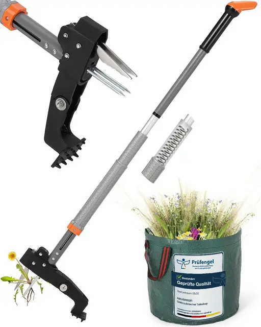 HAUSPROFI Unkrautstecher mit Stiel Teleskop (Länge 91 CM-117 cm) + 50L Gartensack, Unkrautausstecher mit 4 Edelstahl Krallen, Automatisches Zurückspungsdesign