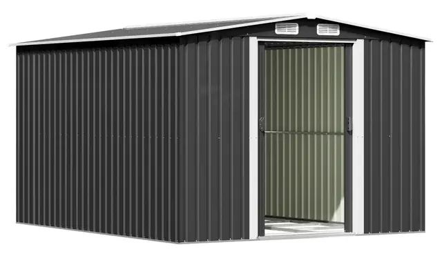 Triumphkey Metall Gerätehaus 247x301x178cm mit Stahlfundament, 13.2m³ Großes Geräteschuppen mit Satteldach, Farradgarage, Gartenschuppen für Rasenmäher, Wetterfest, Anthrazit