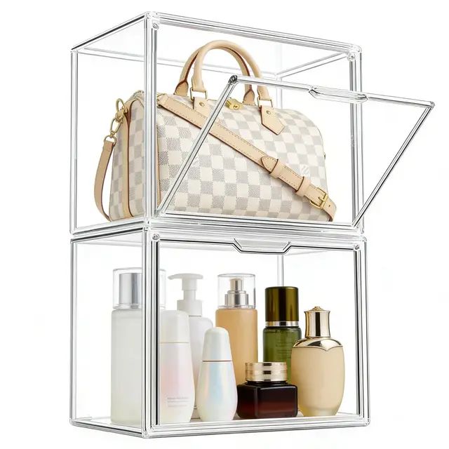 2 Pack Acryl Vitrine, Transparente Stapelbare Aufbewahrungsschubladen mit Magnetischer Tür, Schuh Aufbewahrungsboxen, Handtaschen-Organizer für Schrank, Spielzeug-Organisation und Ausstellung L