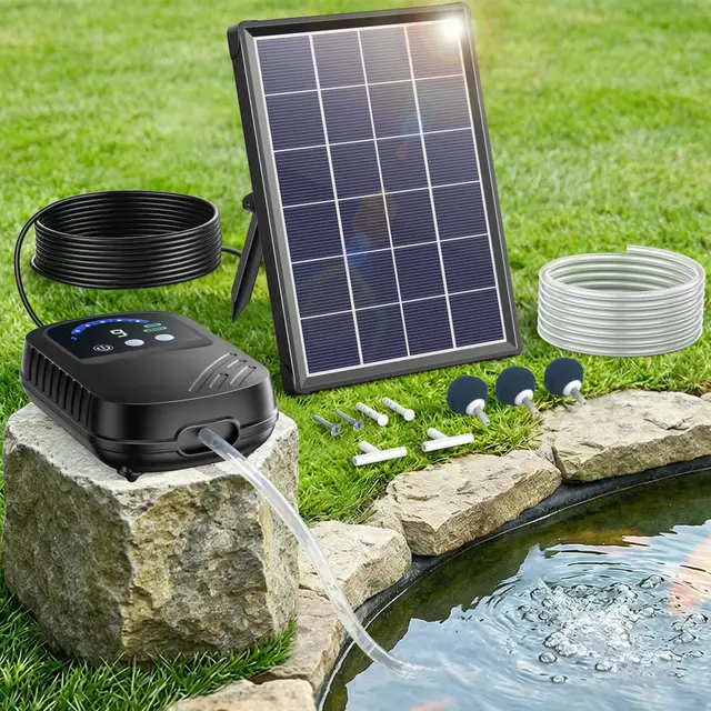 Biling 4W Teichbelüfter Solar Sauerstoffpumpe Teich mit 2200mAh Akku Leise Solar Teichluftpumpe Für Gartenteich Aquarium Winterfrostschutz Einstellbarer Luftstrom 2 Auslässe, auch an Bewölkten Tagen
