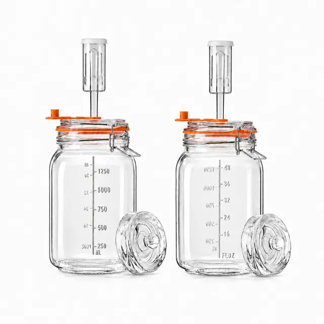 Fermentierglas 1,5 L – Quadratisches Glas-Fermentierset mit Gewicht für Sauerkraut, Hot Sauce, Met, Cider & mehr – 2er-Pack