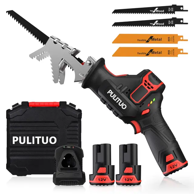 PULITUO 12V Akku Säbelsäge mit 2x2.0Ah Batterien 4xSäbelsägeblatt,variabler Drehzahl von 0 bis 2700 RPM,Elektrische Reciprosäge mit 1 Stunde Schnellladegerät,Professional Säbelsäge