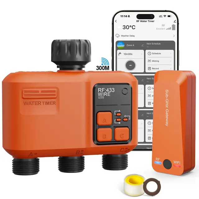 Bewässerungscomputer WLAN 3 Ausgänge mit 300 Meter RF, Starke Wanddurchdringung, Automatische Smarte Bewässerungsuhr mit APP/Sprachsteuerung, Bewässerungssystem Regenverzögerung für Garten