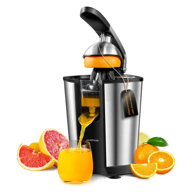 Elektrischer Zitruspresse, Zitrusentsafter mit 2 Aufsätzen und Soft-Griff für müheloses Entsaften, Geräuscharmer Edelstahl-Entsafter für Limette, Grapefruit & Zitrone, Schwarz