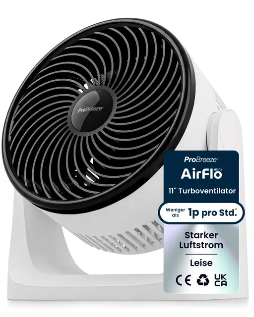 Pro Breeze AirFlo Mini Tischventilator – Leiser Turbo Ventilator mit 3 Stufen, 90° Neigung und kraftvollem Luftstrom bis 4,2 m/s, kompakt für Schreibtisch, Schlafzimmer & Büro