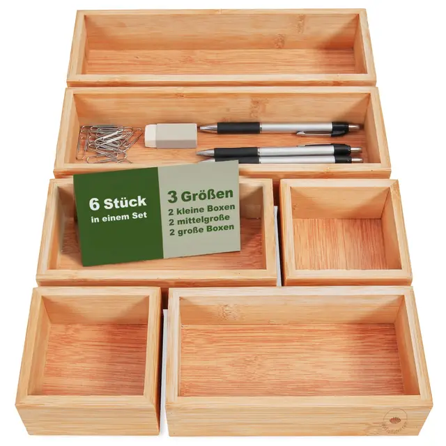 6er Set Aufbewahrungsbox Holz Organizer – praktische und flexible Bambus Box - Schubladen Box Sortierbox Sortierkasten Kosmetik Aufbewahrung Ordnungsbox Holzboxen Holzkasten