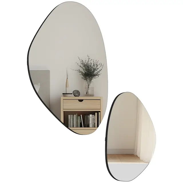 HOMCOM Wandspiegel 2er-Set 70 x 46 cm, 49,5 x 31 cm Fenster Spiegel mit Metallrahmen Dekorativer Hängespiegel in Kieselform Flurspiegel für Schlafzimmer Wohnzimmmer, Schwarz
