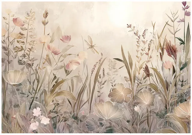 WallArena - Vlies Fototapete botanisch 350x250 cm - Fototapeten - Tapeten - für Wohnzimmer Schlafzimmer - Vliestapete Wandtapete Tapete 3D Effekt- inkl. Kleister - Wiese Blumen Boho Beige