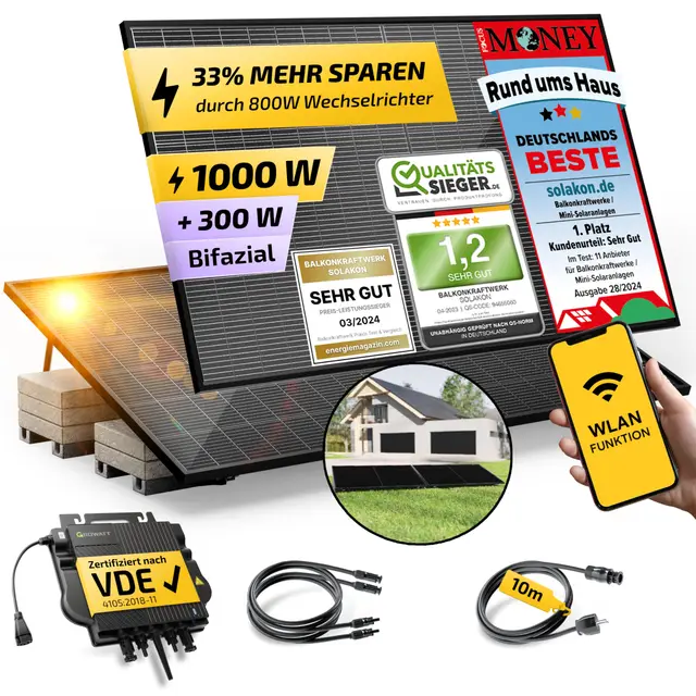 Solakon® 1000W Balkonkraftwerk mit Halterung (Flachdach) - Balkonkraftwerk 800W komplett Steckdose - 800 Watt Wechselrichter - Solaranlage Komplettset - 500W bifaziale Solarmodule inkl. Zubehör