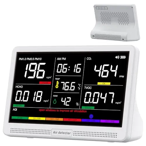 Aktualisierte erweiterte 12-Stunden Akkulaufzeit 16 in 1 Luftqualitätsmonitor für Innenräume mit 7" Display, Professionelles Luftmessgerät für CO2, TVOC, PM2.5, Temperatur, Feuchtigkeit, AQI & Uhrzeit