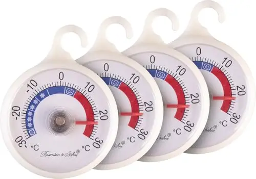 Rosenstein & Söhne Gefrierfach-Thermometer: 4er-Set Gefrier- & Kühlschrankthermometer, farbige Zonen, 51mm Anzeige (Kühlschrank Thermometer analog, Analoge Gefrierschrankthermometer, Kühl)
