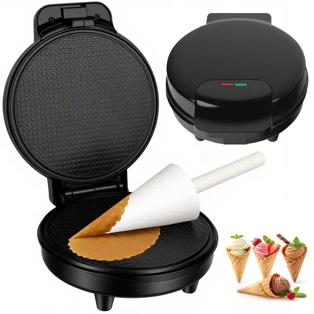 Hörnchenautomat für hauchdünne Waffeln, 1000 W, Waffeleisen für Kegel, Backfläche Ø 19 cm, antihaftbeschichtet, wärmeisolierender Griff, Kegel-Zubehör inklusive, Es ist schwarz