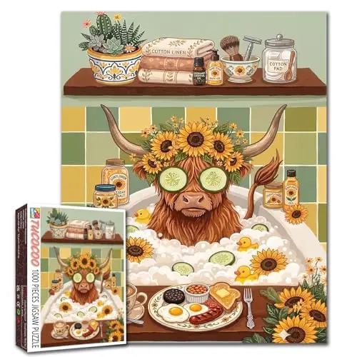 1000 Piece Jigsaw Puzzles for Adults Highland Cow Painting Jigsaw Puzzle Bathroom 1000 Pieces Puzzles Game Sunflower Decor DIY Craft Bedroom Decor Animal Puzzle Art